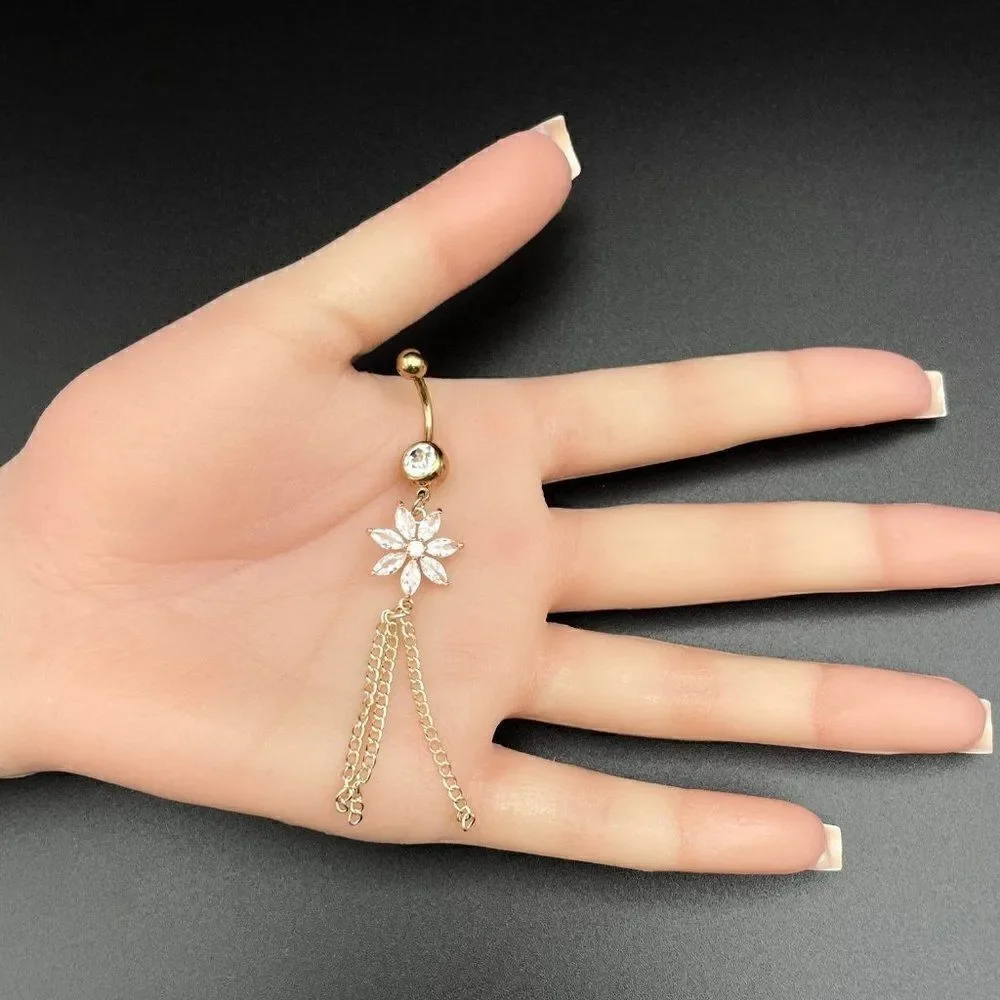 316L Stainless Steel with White Diamond Cubic Zirconia Flower 14G Belly Ring